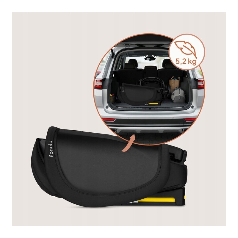 Scaun auto pliabil, Lionelo, Orin, i-Size, 100-150 cm, Tetiera reglabila in 14 pozitii, Spatar in 4 pozitii, Isofix+Top Tether, Sezut ergonomic, Husa transport, Suport sticla, Negru Carbon