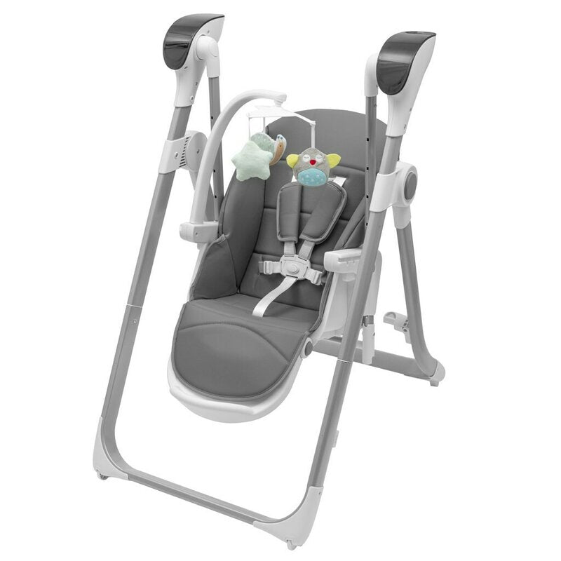 Scaun de masa 2 in 1, New Baby, Smart, Poate fi utilizat si ca leagan pentru copii, Cu telecomanda, Spatar reglabil in 4 pozitii, Cu 5 viteze de leganare, Cu melodii si jucarii, 0-36 luni, Grey