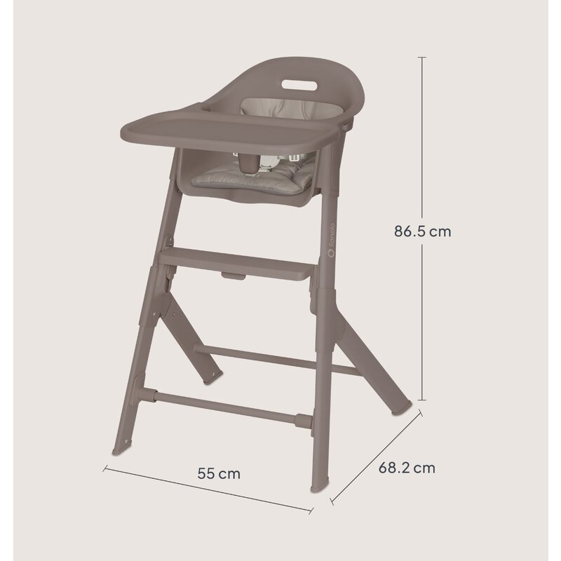 Scaun de masa, Lionelo, Beny, Suport de picioare si tavita ajustabile in 2 pozitii, Insertie moale, Centuri in 3 puncte, Asamblare rapida, Sustine 15 kg, 6 luni+, Taupe
