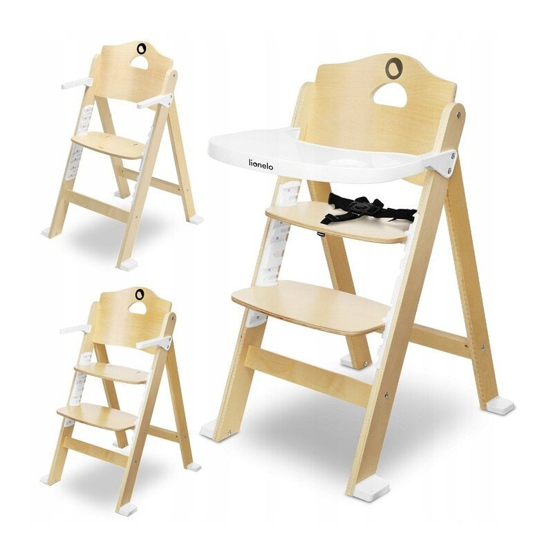 Scaun de masa, Lionelo, Floris, 3 in 1, Din Lemn, Transformabil, Reglabil pe inaltime in 4 pozitii, Suport picioare- 4 pozitii, 6 luni- 12 ani, Sustine 40 kg, Natur