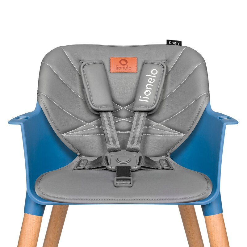 Scaun de masa, Lionelo, Koen, Din fag, 2 in 1, Transformabil, Sustine 30 kg, 6 luni+, Conform cu standardul european de securitate EN14988, Albastru