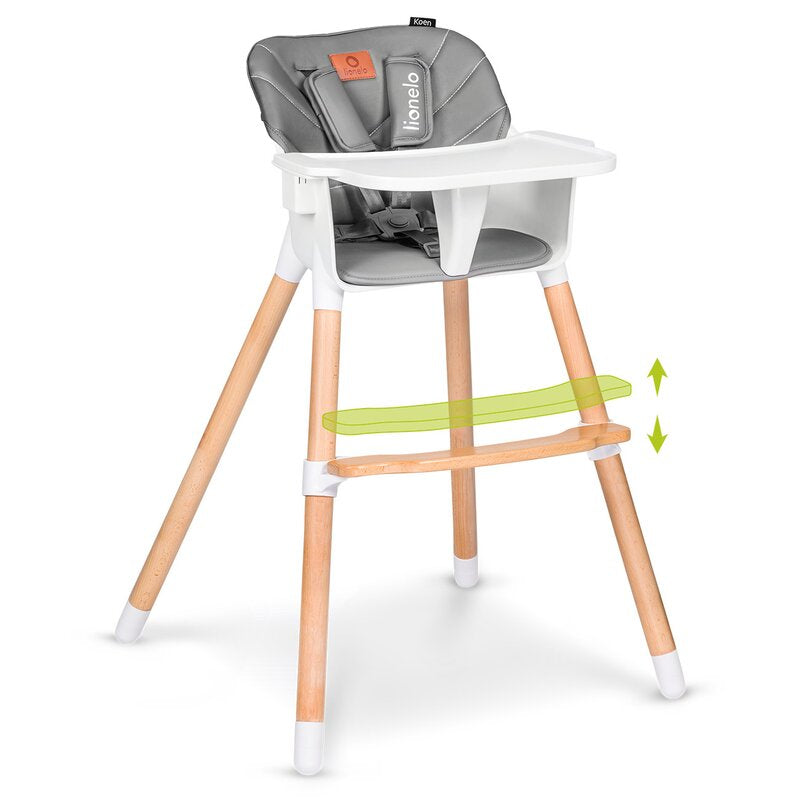 Scaun de masa, Lionelo, Koen, Din fag, 2 in 1, Transformabil, Sustine 30 kg, 6 luni+, Conform cu standardul european de securitate EN14988, Gri