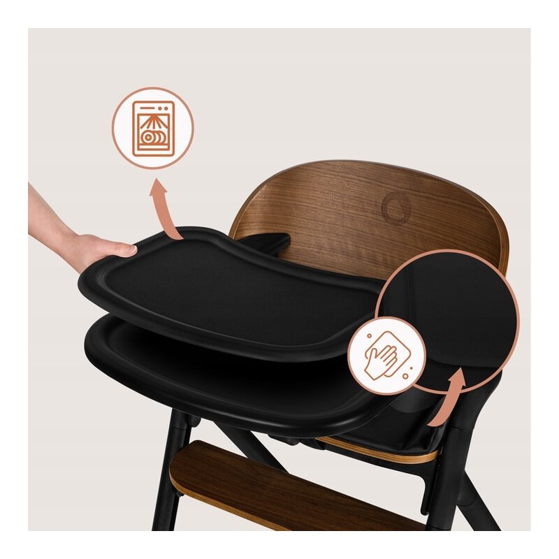 Scaun de masa multifunctional Celia, Lionelo, Din lemn de fag, 6 luni- adult, Reglabil pe inaltime, Husa impermeabila, Tavita silicon, Suport de picioare reglabil, Greutate maxima 90 Kg, Negru