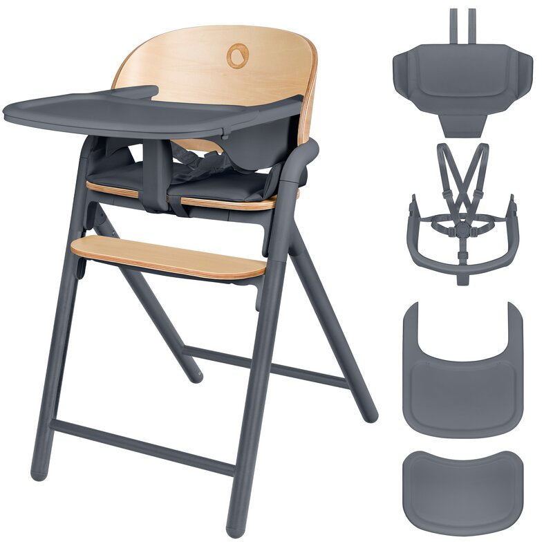 Scaun de masa multifunctional Celia, Lionelo, Din lemn de fag, 6 luni- adult, Reglabil pe inaltime, Spatar lat, Sezut ergonomic, Tavita silicon, Suport de picioare reglabil, Greutate maxima 90 Kg, Gri