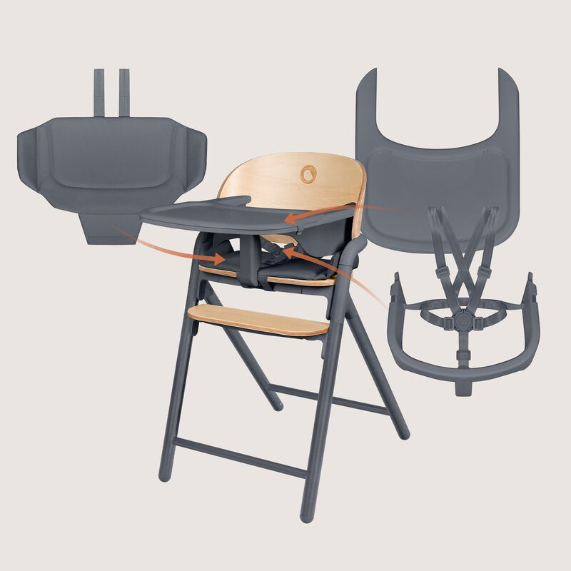 Scaun de masa multifunctional Celia, Lionelo, Din lemn de fag, 6 luni- adult, Reglabil pe inaltime, Spatar lat, Sezut ergonomic, Tavita silicon, Suport de picioare reglabil, Greutate maxima 90 Kg, Gri