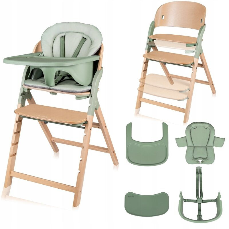 Scaun de masa multifunctional Megan, Lionelo, Din lemn de fag, 6 luni- adult, Reglabil pe inaltime, Husa impermeabila, Tavita silicon, Suport de picioare reglabil, Greutate maxima 110 Kg, Verde