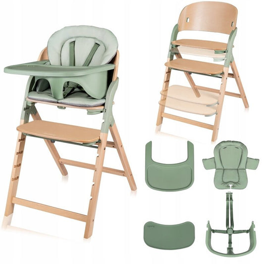 Scaun de masa multifunctional Megan, Lionelo, Din lemn de fag, 6 luni- adult, Reglabil pe inaltime, Husa impermeabila, Tavita silicon, Suport de picioare reglabil, Greutate maxima 110 Kg, Verde