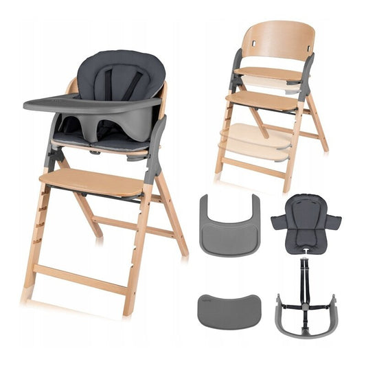 Scaun de masa multifunctional Megan, Lionelo, Din lemn de fag, 6 luni- adult, Reglabil pe inaltime, Husa impermeabila, Tavita silicon, Suport de picioare reglabil, Greutate maxima 110 Kg, Gri