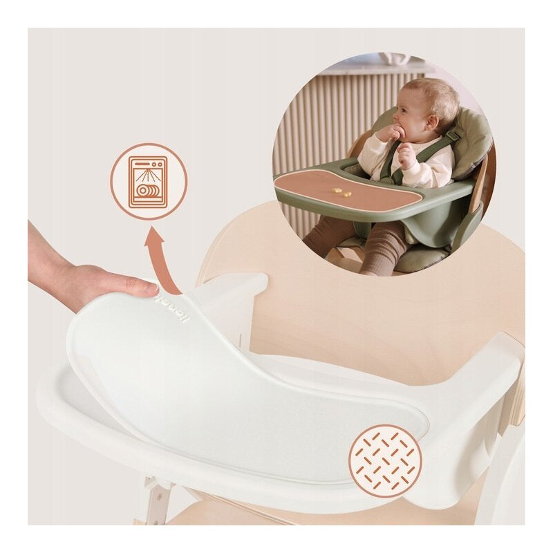 Scaun de masa multifunctional Megan, Lionelo, Din lemn de fag, 6 luni- adult, Reglabil pe inaltime, Husa impermeabila, Tavita silicon, Suport de picioare reglabil, Greutate maxima 110 Kg, Alb Natur