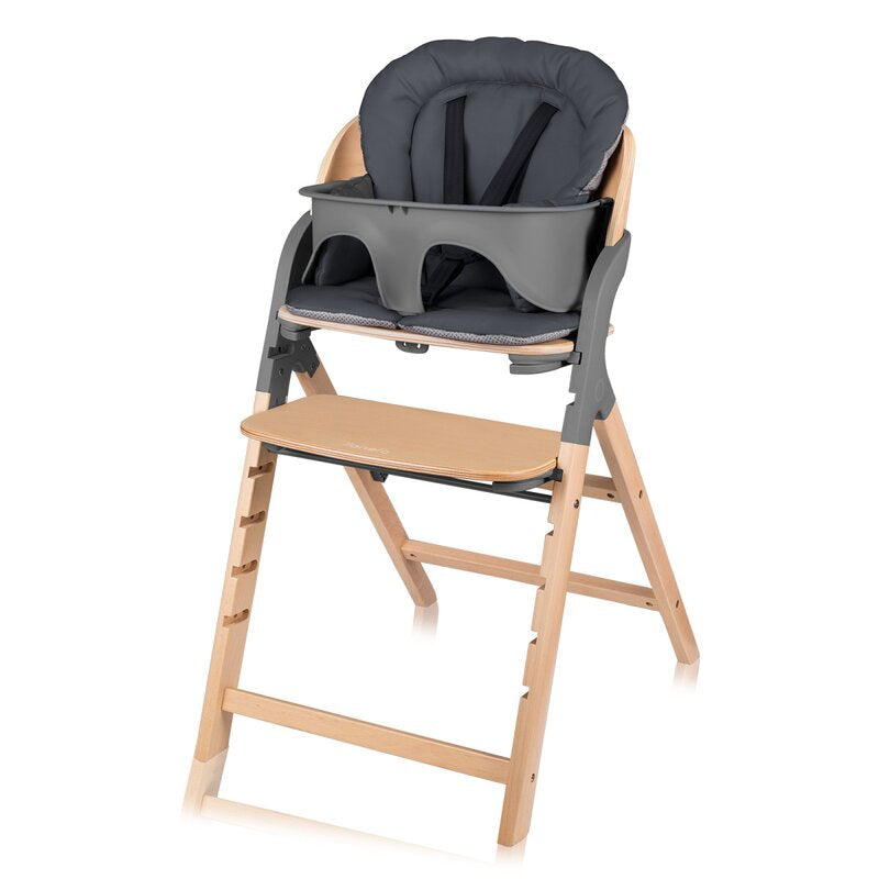 Scaun de masa multifunctional Megan, Lionelo, Din lemn de fag, 6 luni- adult, Reglabil pe inaltime, Husa impermeabila, Tavita silicon, Suport de picioare reglabil, Greutate maxima 110 Kg, Gri