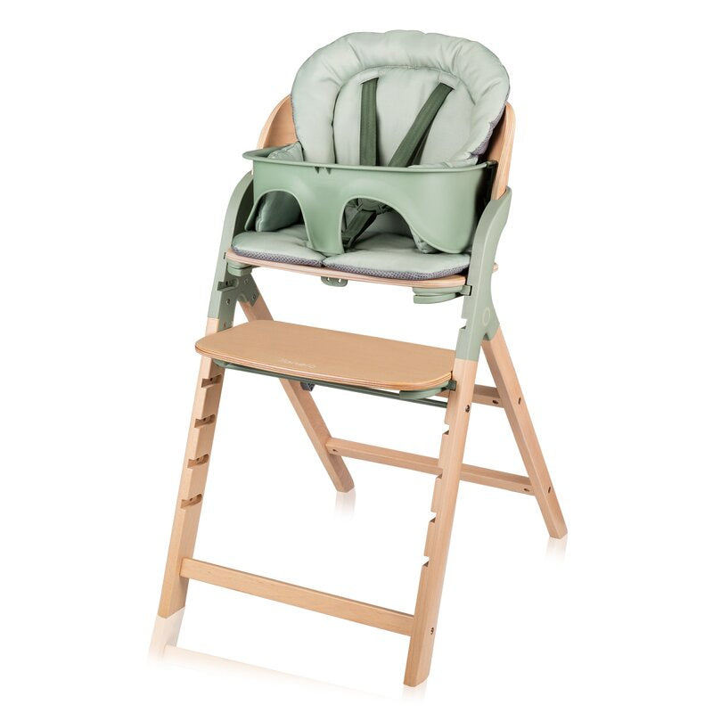 Scaun de masa multifunctional Megan, Lionelo, Din lemn de fag, 6 luni- adult, Reglabil pe inaltime, Husa impermeabila, Tavita silicon, Suport de picioare reglabil, Greutate maxima 110 Kg, Verde