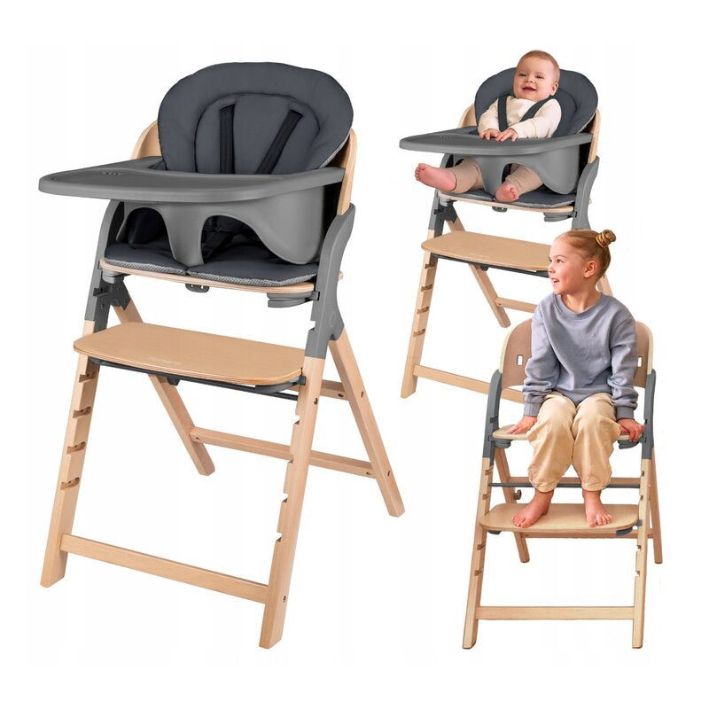 Scaun de masa multifunctional Megan, Lionelo, Din lemn de fag, 6 luni- adult, Reglabil pe inaltime, Husa impermeabila, Tavita silicon, Suport de picioare reglabil, Greutate maxima 110 Kg, Gri