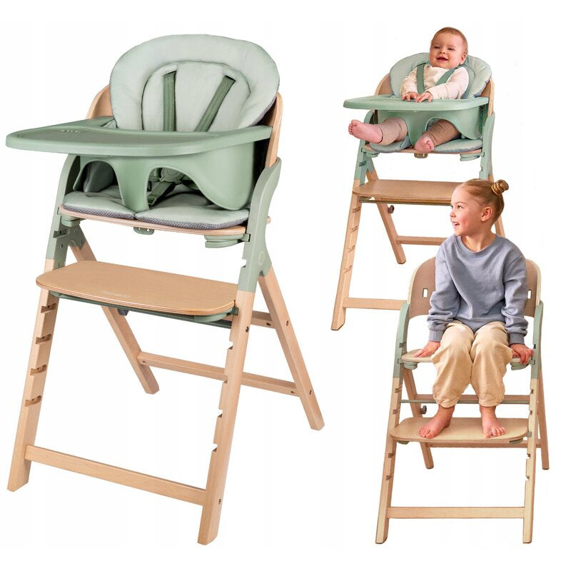 Scaun de masa multifunctional Megan, Lionelo, Din lemn de fag, 6 luni- adult, Reglabil pe inaltime, Husa impermeabila, Tavita silicon, Suport de picioare reglabil, Greutate maxima 110 Kg, Verde