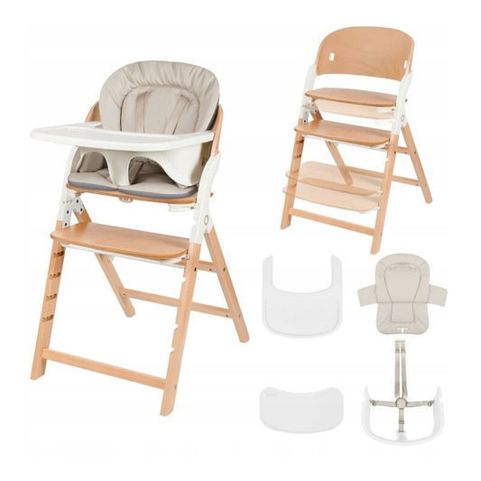 Scaun de masa multifunctional Megan, Lionelo, Din lemn de fag, 6 luni- adult, Reglabil pe inaltime, Husa impermeabila, Tavita silicon, Suport de picioare reglabil, Greutate maxima 110 Kg, Alb Natur