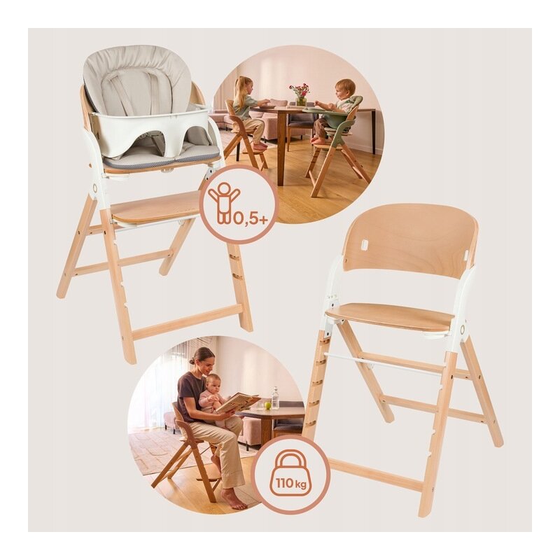 Scaun de masa multifunctional Megan, Lionelo, Din lemn de fag, 6 luni- adult, Reglabil pe inaltime, Husa impermeabila, Tavita silicon, Suport de picioare reglabil, Greutate maxima 110 Kg, Alb/Natur