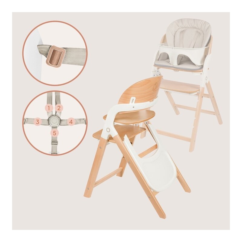 Scaun de masa multifunctional Megan, Lionelo, Din lemn de fag, 6 luni- adult, Reglabil pe inaltime, Husa impermeabila, Tavita silicon, Suport de picioare reglabil, Greutate maxima 110 Kg, Alb/Natur