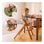 Scaun de masa multifunctional Megan, Lionelo, Din lemn de fag, 6 luni- adult, Reglabil pe inaltime, Husa impermeabila, Tavita silicon, Suport de picioare reglabil, Greutate maxima 110 Kg, Alb/Natur