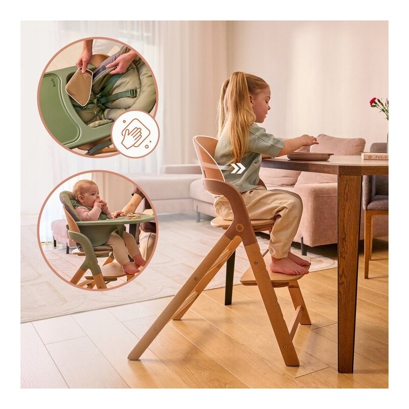 Scaun de masa multifunctional Megan, Lionelo, Din lemn de fag, 6 luni- adult, Reglabil pe inaltime, Husa impermeabila, Tavita silicon, Suport de picioare reglabil, Greutate maxima 110 Kg, Alb/Natur