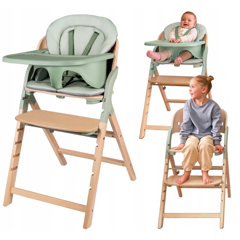 Scaun de masa multifunctional Megan, Lionelo, Din lemn de fag, 6 luni- adult, Reglabil pe inaltime, Husa impermeabila, Tavita silicon, Suport de picioare reglabil, Greutate maxima 110 Kg, Verde