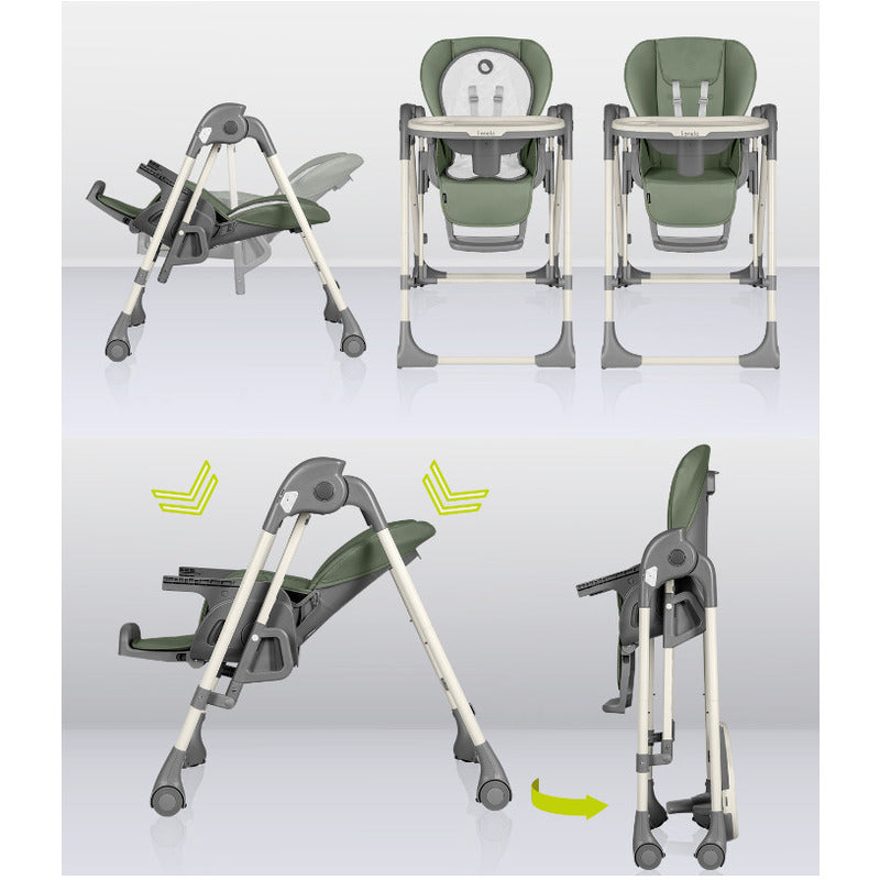 Scaun de masa si balansoar, Lionelo, Laurice, 2 in 1, Transformabil, Multifunctional, Inaltime si spatar reglabile, Cu melodii de leagan, 0 luni+, Conform cu standardele europene de securitate EN 14988, EN 16120, Verde