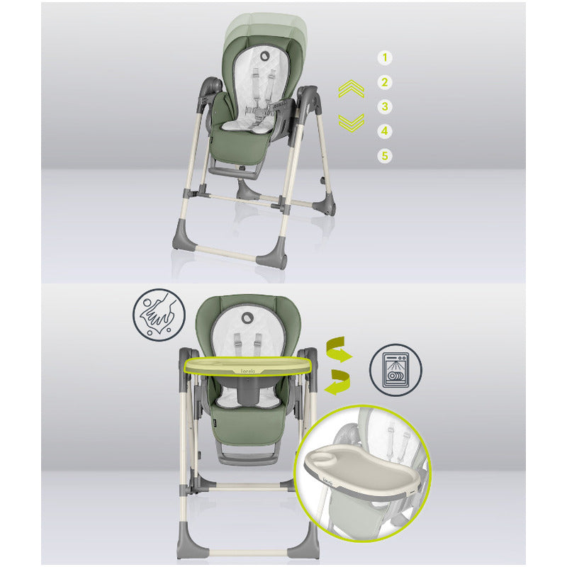 Scaun de masa si balansoar, Lionelo, Laurice, 2 in 1, Transformabil, Multifunctional, Inaltime si spatar reglabile, Cu melodii de leagan, 0 luni+, Conform cu standardele europene de securitate EN 14988, EN 16120, Verde