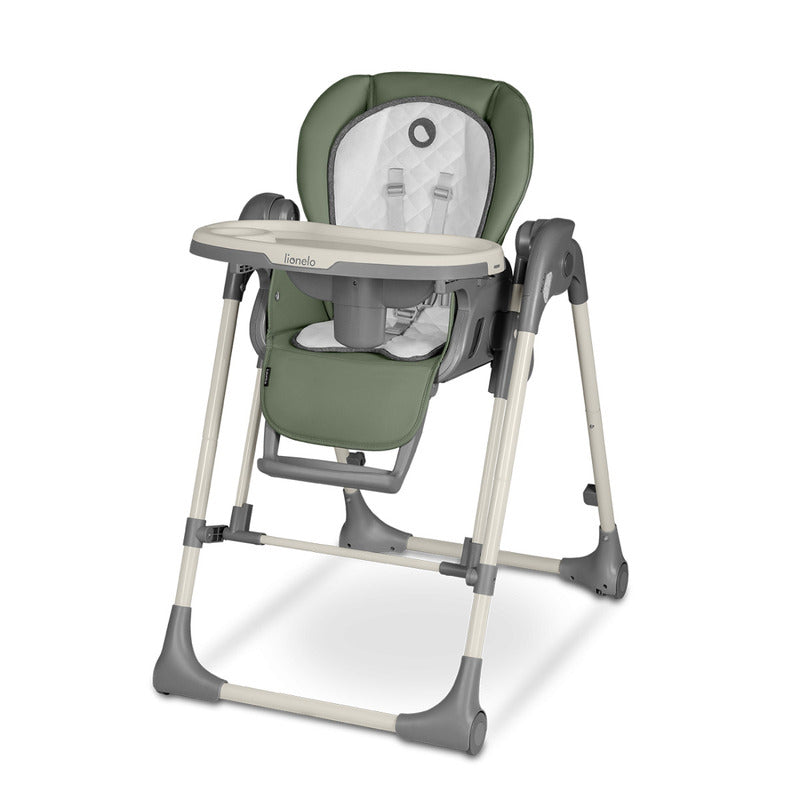 Scaun de masa si balansoar, Lionelo, Laurice, 2 in 1, Transformabil, Multifunctional, Inaltime si spatar reglabile, Cu melodii de leagan, 0 luni+, Conform cu standardele europene de securitate EN 14988, EN 16120, Verde