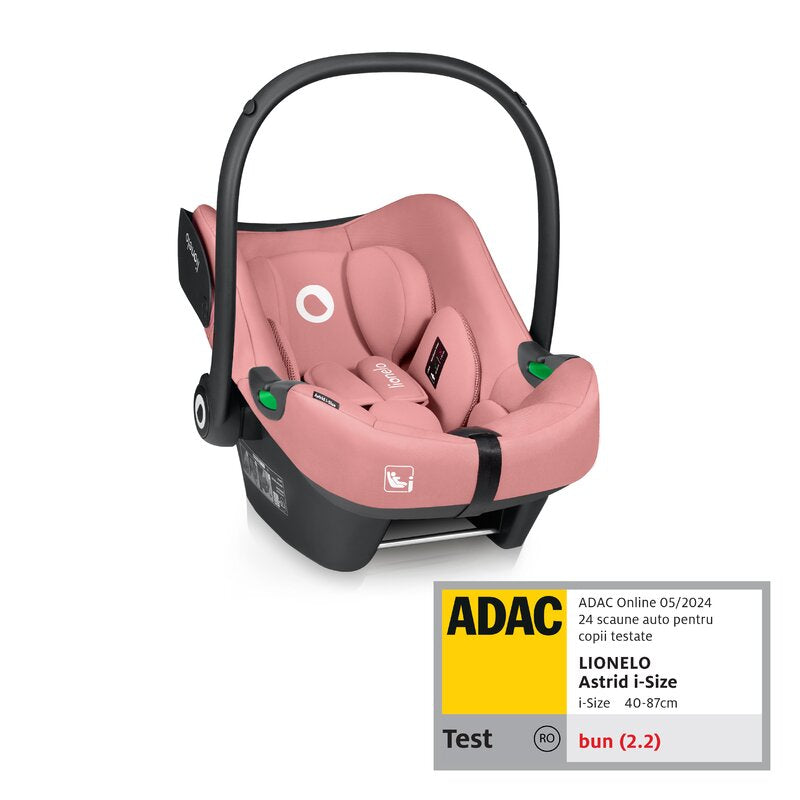 Scoica auto, Lionelo, i-Size Astrid, 0-13 Kg, 40-87 cm, Cu maner si capotina reglabile, Cu protectie laterala avansata, Salteluta confortabila, Testat ADAC, Conform cu standardul european de securitat