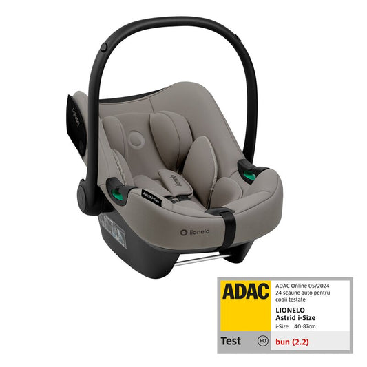 Scoica auto, Lionelo, i-Size Astrid, 0-13 Kg, 40-87 cm, Cu maner si capotina reglabile, Cu protectie laterala avansata, Salteluta confortabila, Testat ADAC, Conform cu standardul european de securitate R129, Taupe