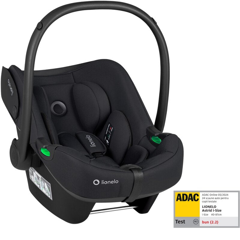 Scoica auto, Lionelo, i-Size Astrid, 0-13 Kg, 40-87 cm, Cu salteluta, Testat ADAC, Conform cu standardul european de securitate R129, Negru Onyx