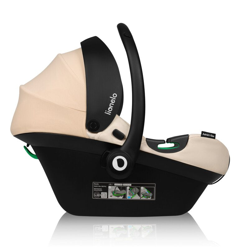 Scoica auto, Lionelo, i-Size Astrid, Include baza Isofix, 0-13 Kg, 40-87 cm, Cu maner si capotina reglabile, Cu protectie laterala avansata, Salteluta confortabila, Testat ADAC, Conform cu R129, Bej