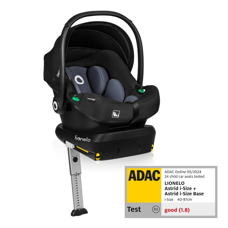 Scoica auto, Lionelo, i-Size Astrid, Include baza Isofix, 0-13 Kg, 40-87 cm, Cu maner si capotina reglabile, Cu protectie laterala avansata, Salteluta confortabila, Testat ADAC, Conform cu R129, Negru
