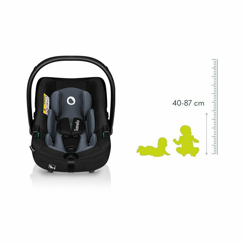 Scoica auto, Lionelo, i-Size Astrid, Include baza Isofix, 0-13 Kg, 40-87 cm, Cu maner si capotina reglabile, Cu protectie laterala avansata, Salteluta confortabila, Testat ADAC, Conform cu R129, Negru/Gri