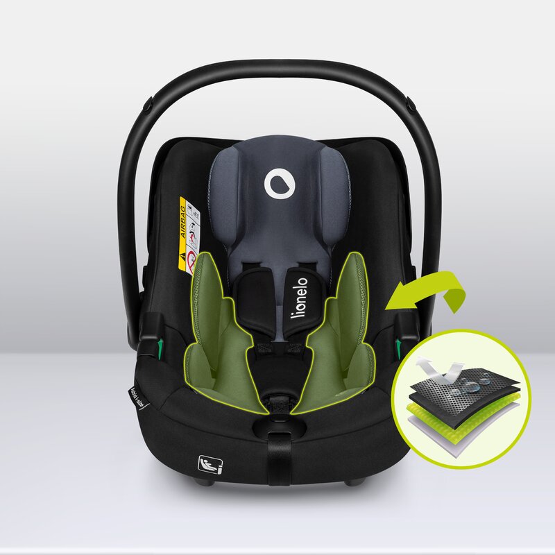 Scoica auto, Lionelo, i-Size Astrid, Include baza Isofix, 0-13 Kg, 40-87 cm, Cu maner si capotina reglabile, Cu protectie laterala avansata, Salteluta confortabila, Testat ADAC, Conform cu R129, Negru/Gri