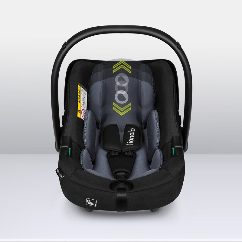 Scoica auto, Lionelo, i-Size Astrid, Include baza Isofix, 0-13 Kg, 40-87 cm, Cu maner si capotina reglabile, Cu protectie laterala avansata, Salteluta confortabila, Testat ADAC, Conform cu R129, Negru/Gri