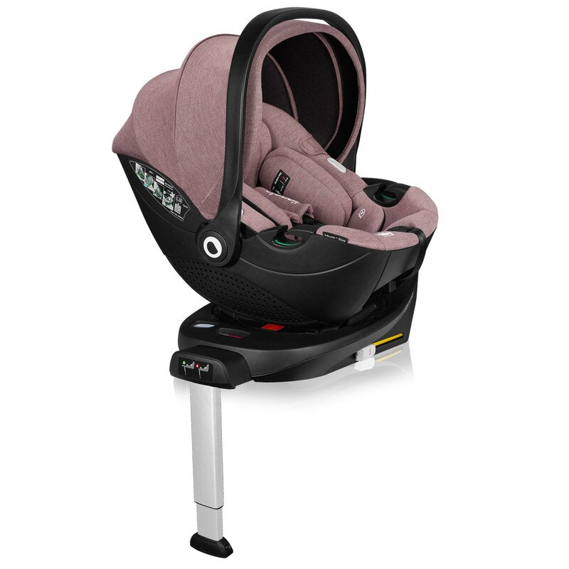 Scoica auto, Lionelo, Moxie, i-Size, Include baza rotativa 360 cu picior de fixare, 40-87 cm, Tetiera reglabila, intarita cu spuma de memorie, Carcasa ventilata, Din bambus, Protectie avansata, Conform R129, Mov