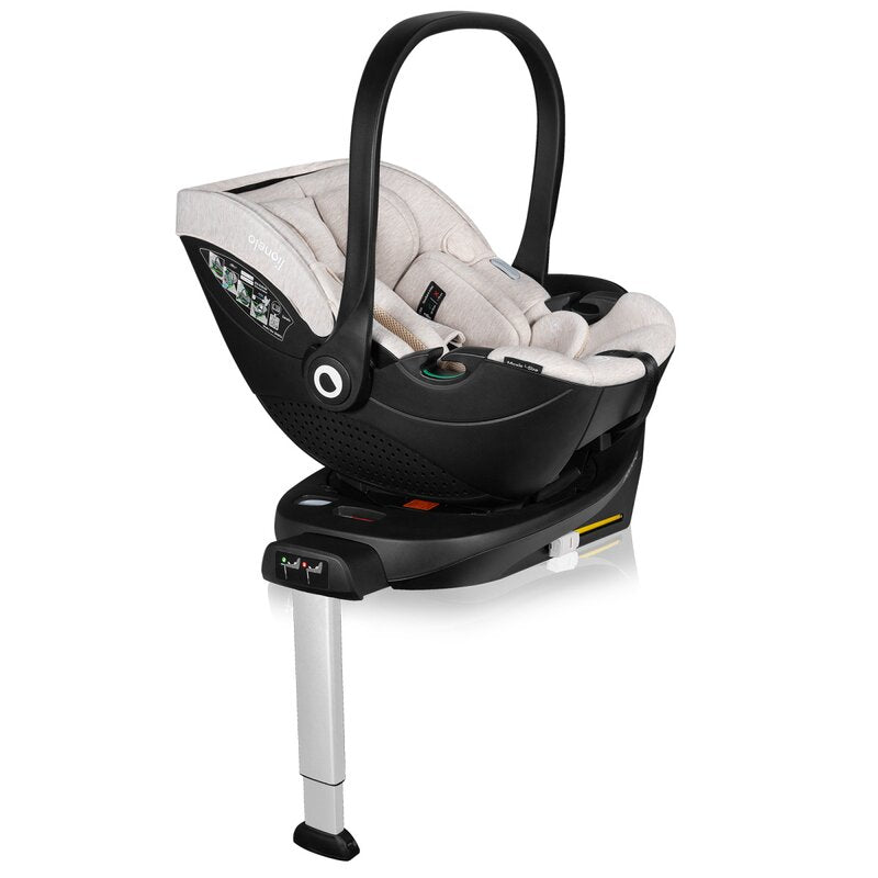 Scoica auto, Lionelo, Moxie, i-Size, Include baza rotativa 360 cu picior de fixare, 40-87 cm, Tetiera reglabila, intarita cu spuma de memorie, Carcasa ventilata, Din bambus, Protectie avansata, Conform R129, Bej