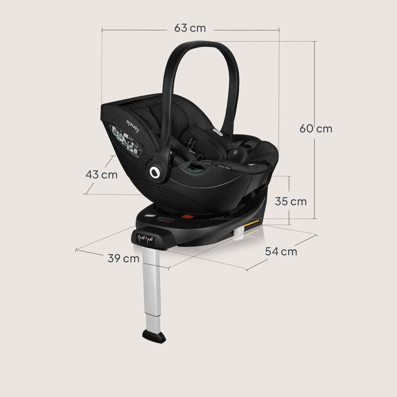 Scoica auto, Lionelo, Moxie, i-Size, Include baza rotativa 360 cu picior de fixare, 40-87 cm, Tetiera reglabila, intarita cu spuma de memorie, Carcasa ventilata, Din bambus, Protectie avansata, Conform R129, Negru