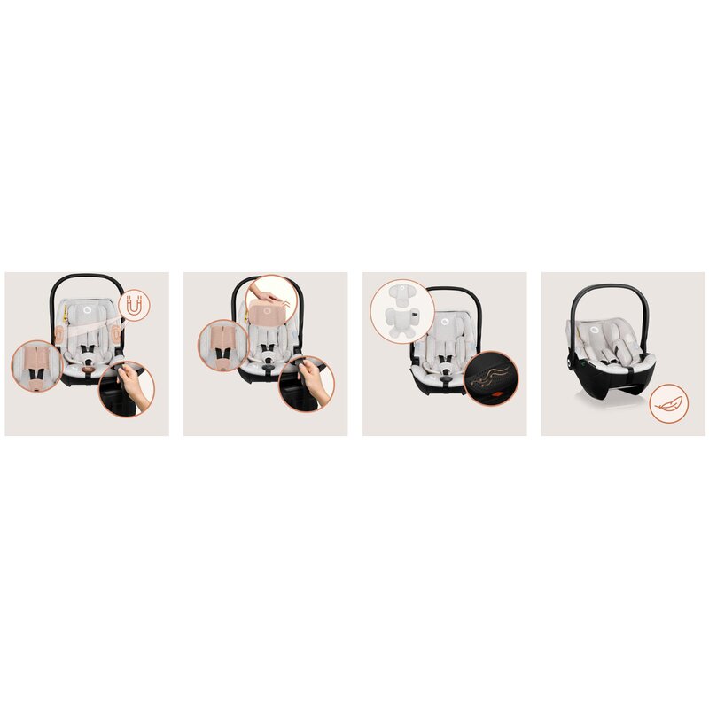 Scoica auto, Lionelo, Moxie, i-Size, Include baza rotativa 360 cu picior de fixare, 40-87 cm, Tetiera reglabila, intarita cu spuma de memorie, Carcasa ventilata, Din bambus, Protectie avansata, Conform R129, Bej