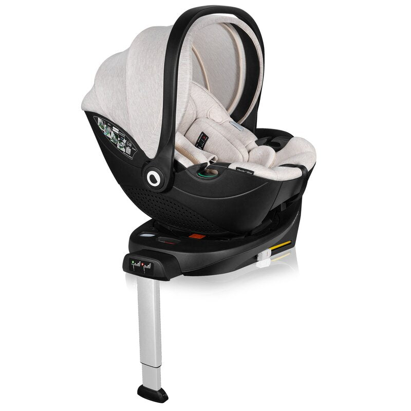 Scoica auto, Lionelo, Moxie, i-Size, Include baza rotativa 360 cu picior de fixare, 40-87 cm, Tetiera reglabila, intarita cu spuma de memorie, Carcasa ventilata, Din bambus, Protectie avansata, Conform R129, Bej