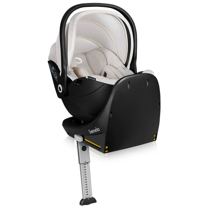Scoica auto, Lionelo, Moxie, i-Size, Include baza rotativa 360 cu picior de fixare, 40-87 cm, Tetiera reglabila, intarita cu spuma de memorie, Carcasa ventilata, Din bambus, Protectie avansata, Conform R129, Bej