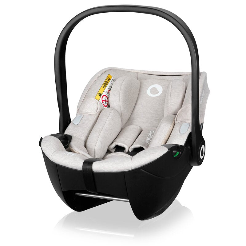 Scoica auto, Lionelo, Moxie, i-Size, Include baza rotativa 360 cu picior de fixare, 40-87 cm, Tetiera reglabila, intarita cu spuma de memorie, Carcasa ventilata, Din bambus, Protectie avansata, Conform R129, Bej