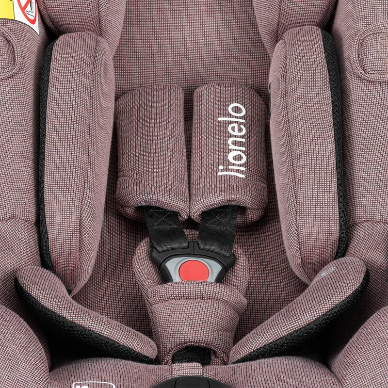 Scoica auto, Lionelo, Moxie, i-Size, Include baza rotativa 360 cu picior de fixare, 40-87 cm, Tetiera reglabila, intarita cu spuma de memorie, Carcasa ventilata, Din bambus, Protectie avansata, Conform R129, Mov