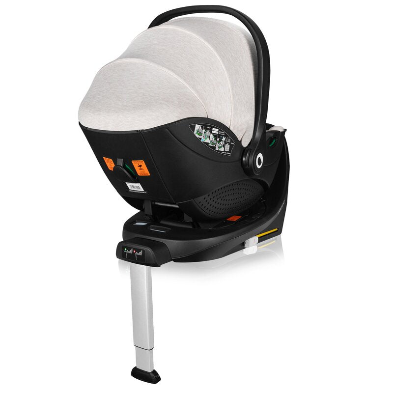 Scoica auto, Lionelo, Moxie, i-Size, Include baza rotativa 360 cu picior de fixare, 40-87 cm, Tetiera reglabila, intarita cu spuma de memorie, Carcasa ventilata, Din bambus, Protectie avansata, Conform R129, Bej