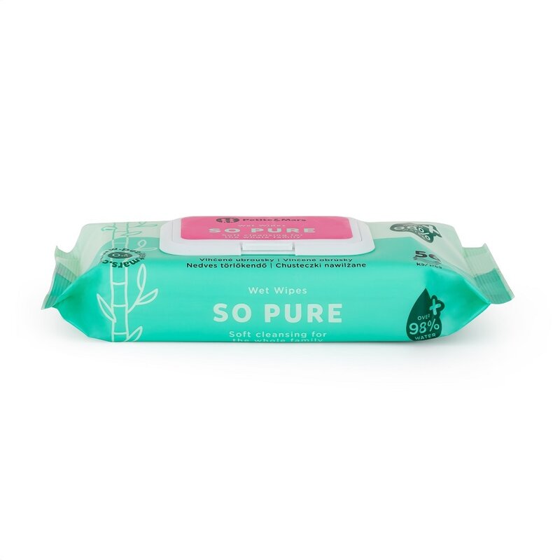 Servetele umede, Petite&Mars, 56 de bucati, 98% apa, Multifunctionale, Din bambus, Fara parfum, Ideale pentru pielea sensibila a bebelusului, Alb