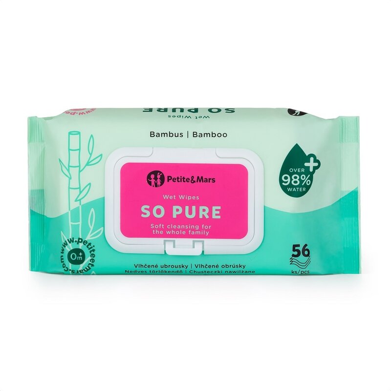 Servetele umede, Petite&Mars, 56 de bucati, 98% apa, Multifunctionale, Din bambus, Fara parfum, Ideale pentru pielea sensibila a bebelusului, Alb