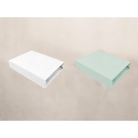 Set 2 cearceafuri cu elastic, Qmini, Pentru patut leagan sau patut co-sleeper, 90x50 cm, Din bumbac, Material certificat Oeko Tex Standard 100, White and Cold Mint