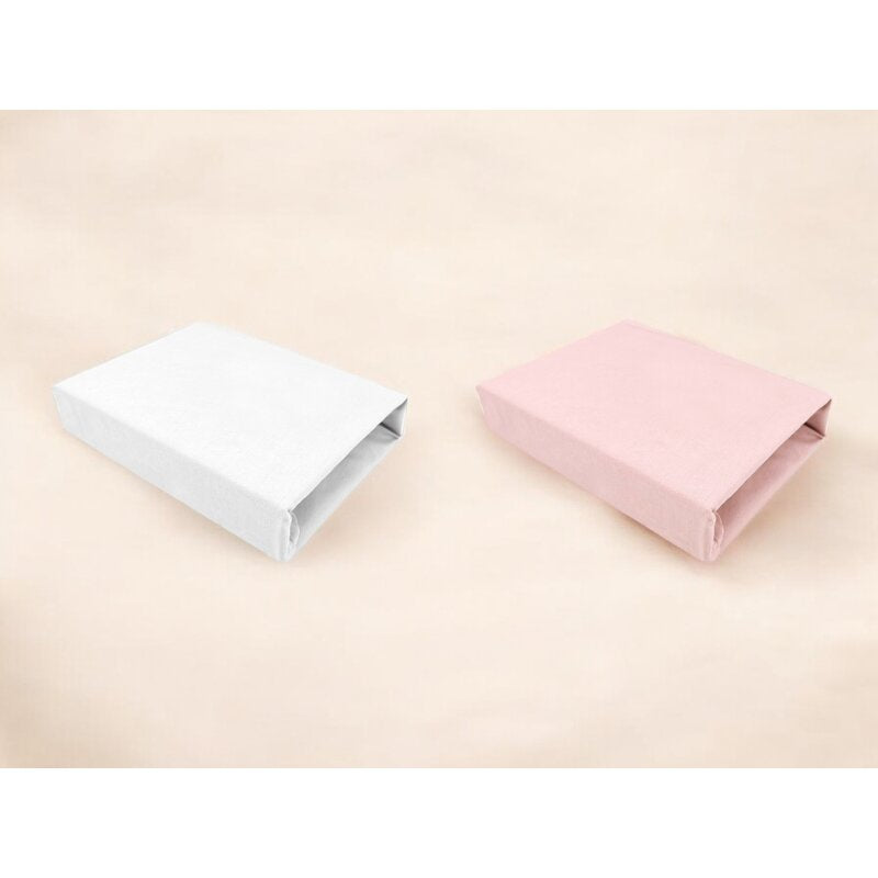 Set 2 cearceafuri cu elastic, Qmini, Pentru patut leagan sau patut co-sleeper, 90x50 cm, Din bumbac, Material certificat Oeko Tex Standard 100, White and Powdery Pink