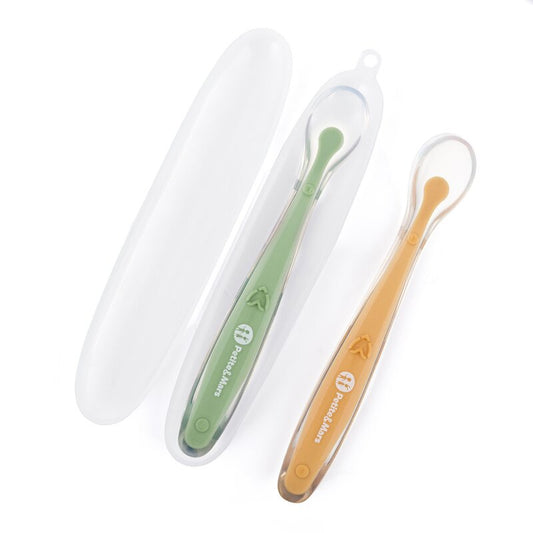 Set 2 lingurite, Petite&Mars, Take&Match, Includ cutie pentru depozitare, Adecvate pentru masina de spalat vase, Fara BPA, 6 luni+, Verde/ Galben