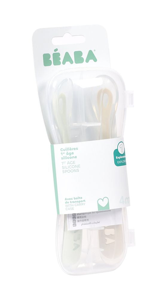 Set 2 Lingurite Silicon Beaba +4 Luni cu Cutie Transport Clay