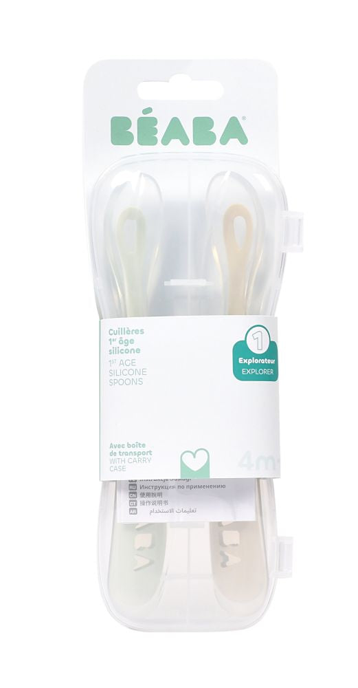 Set 2 Lingurite Silicon Beaba +4 Luni cu Cutie Transport Clay